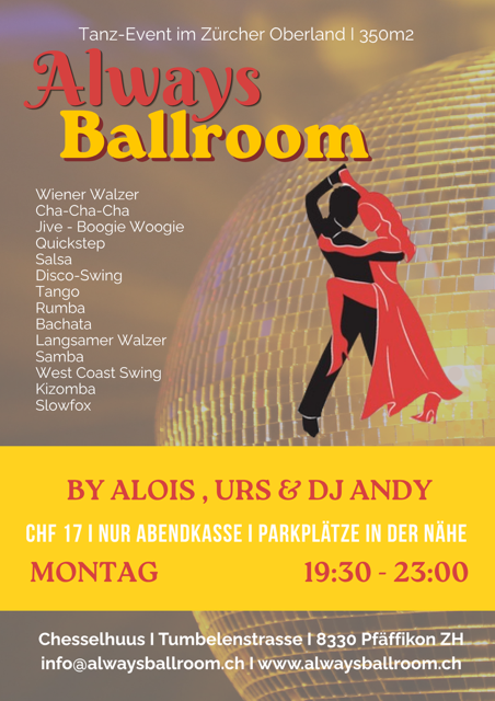 Always Ballroom Herbst-Flyer – tanzendes Paar vor Discokugel